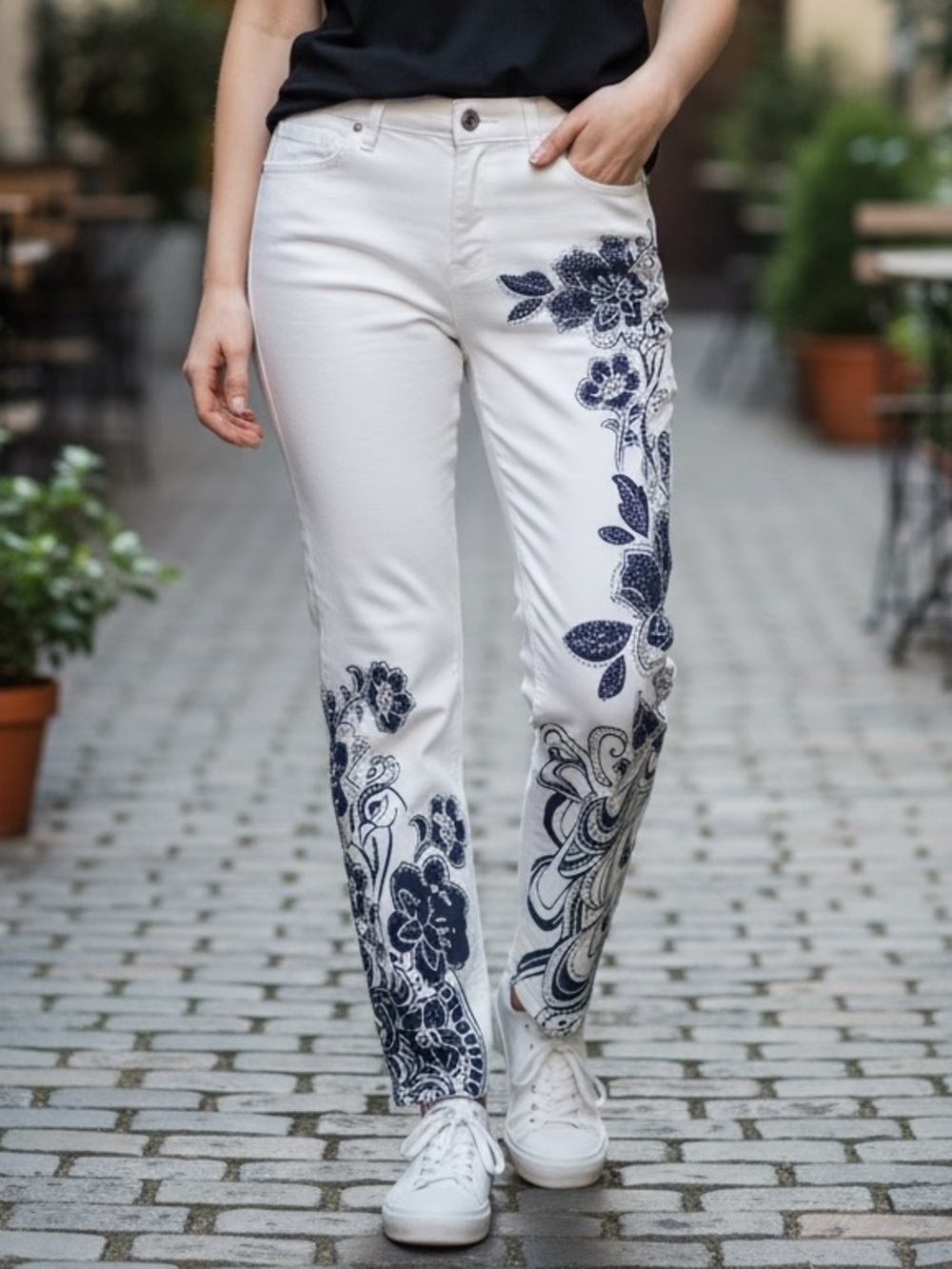 White Cropped Jeans with Navy Floral Embroidery